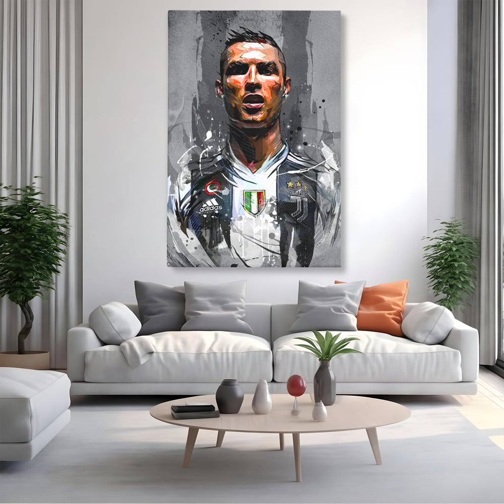 Tablou canvas cu tablou portret cristiano ronaldo juventus, fara rama, pe sasiu de lemn, pe perete intr-un living